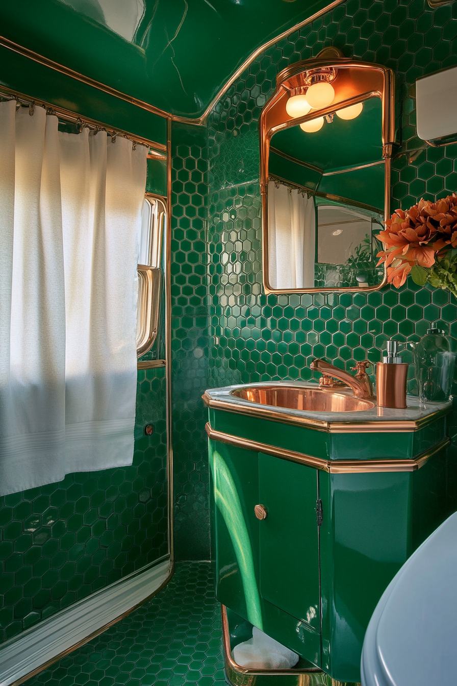 Wide angle view. 1950s RV bathroom, vintage emerald hexagonal tiles, classic rose gold fixtures.