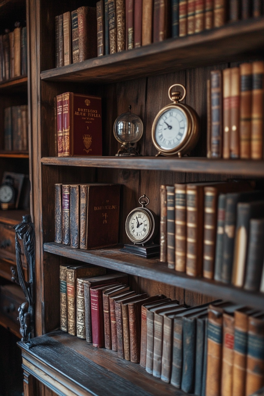 Wide angle view. Dark academia tiny house library. Aged bookshelf with antique pocket watch.