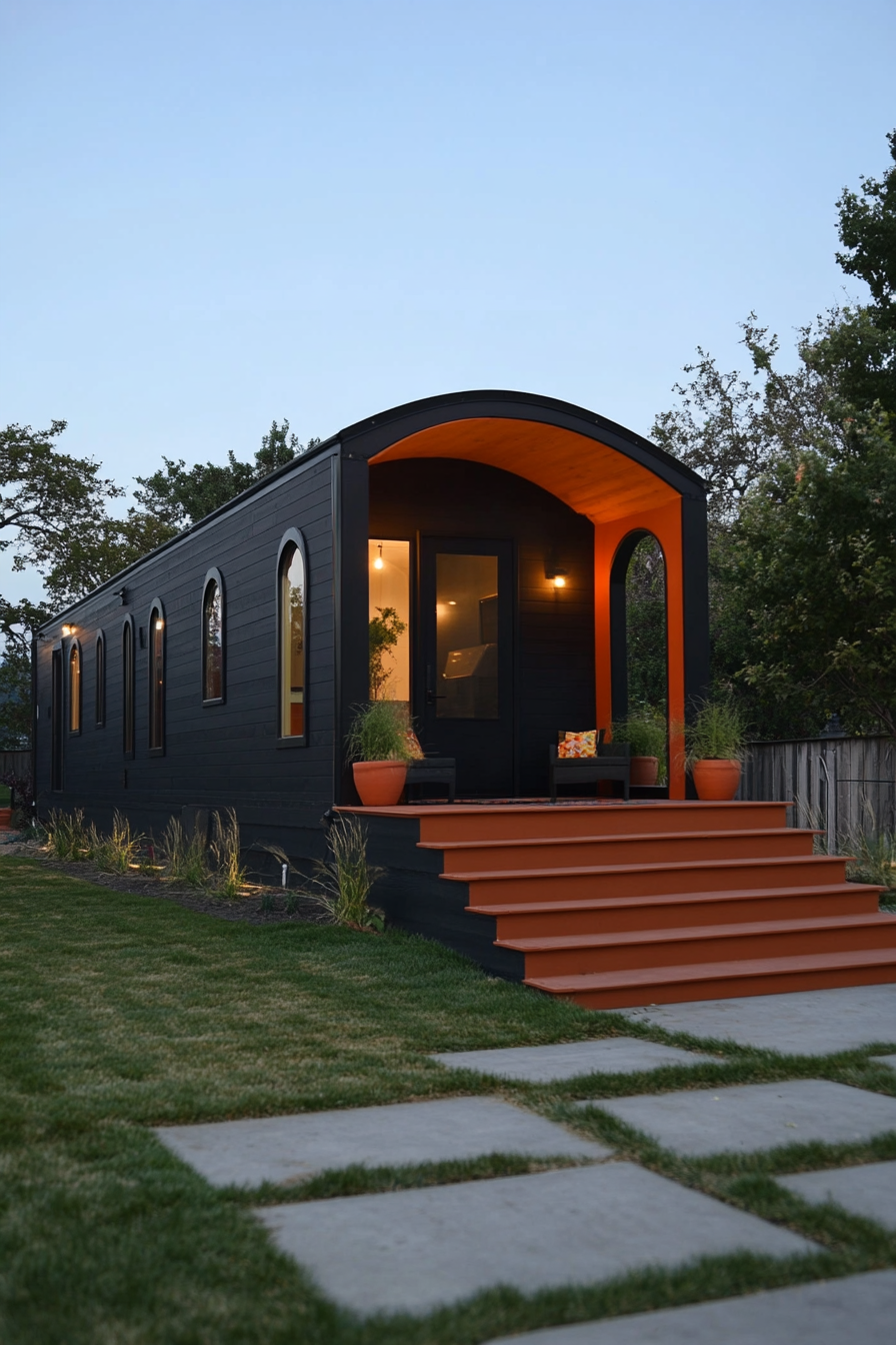 Wide angle view. Dark mobile home with arched details and terra cotta accents.