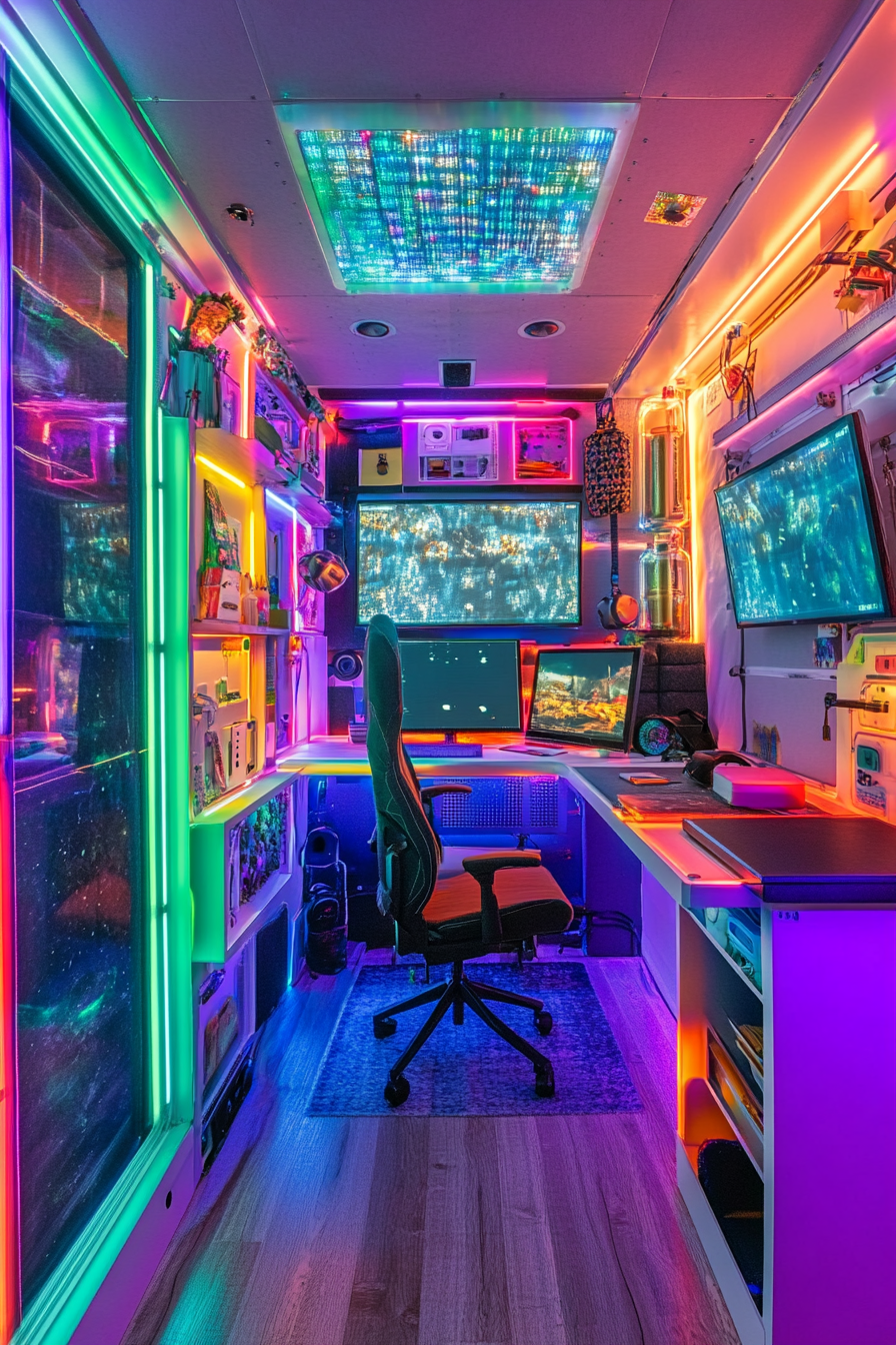 Wide-angle view. Mobile studio with vibrant shelving and holographic light cube.