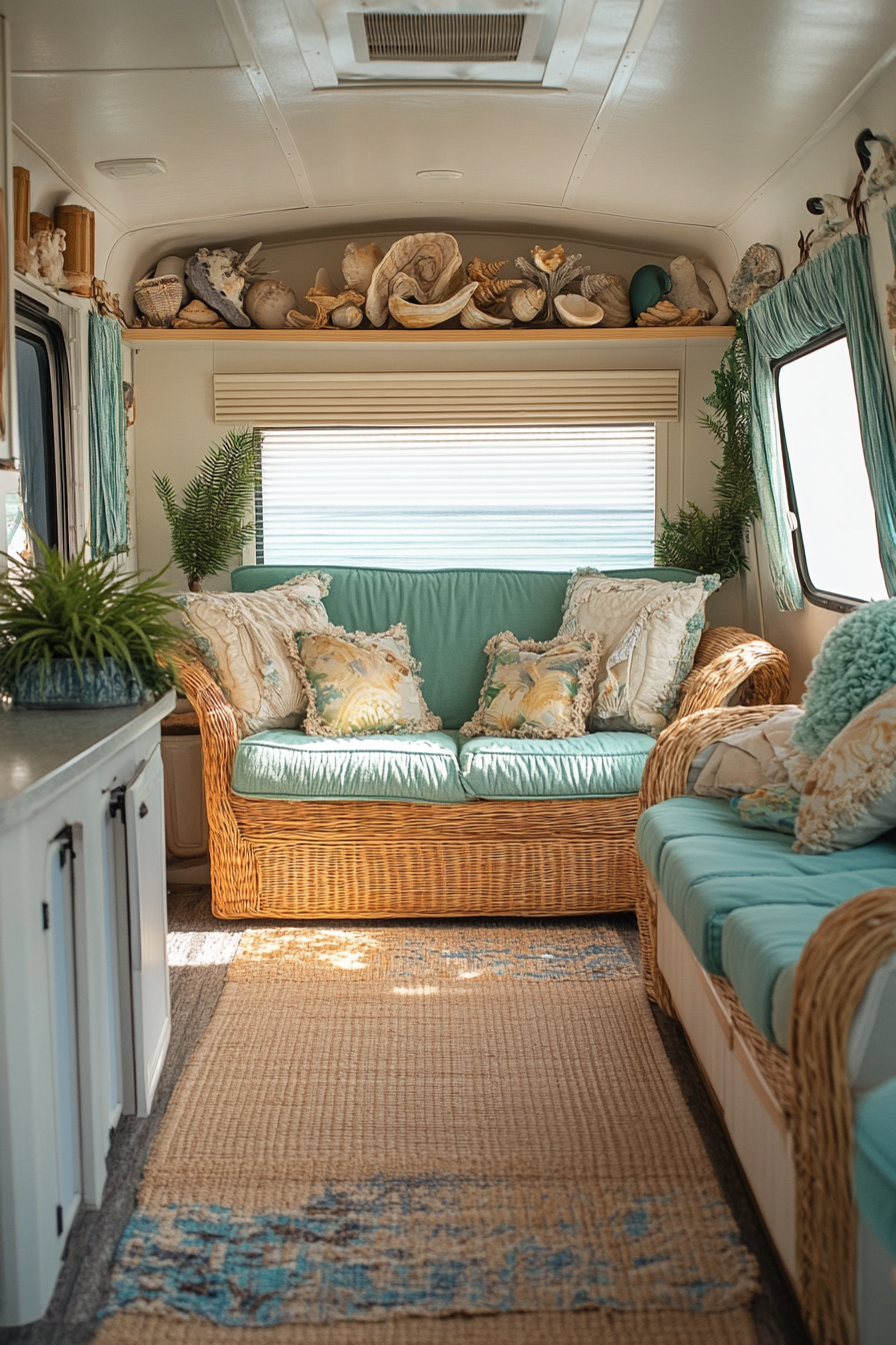 Wide angle view of coastal RV. Tan rattan furniture, blue-green fabrics, carefully displayed seashell collection.