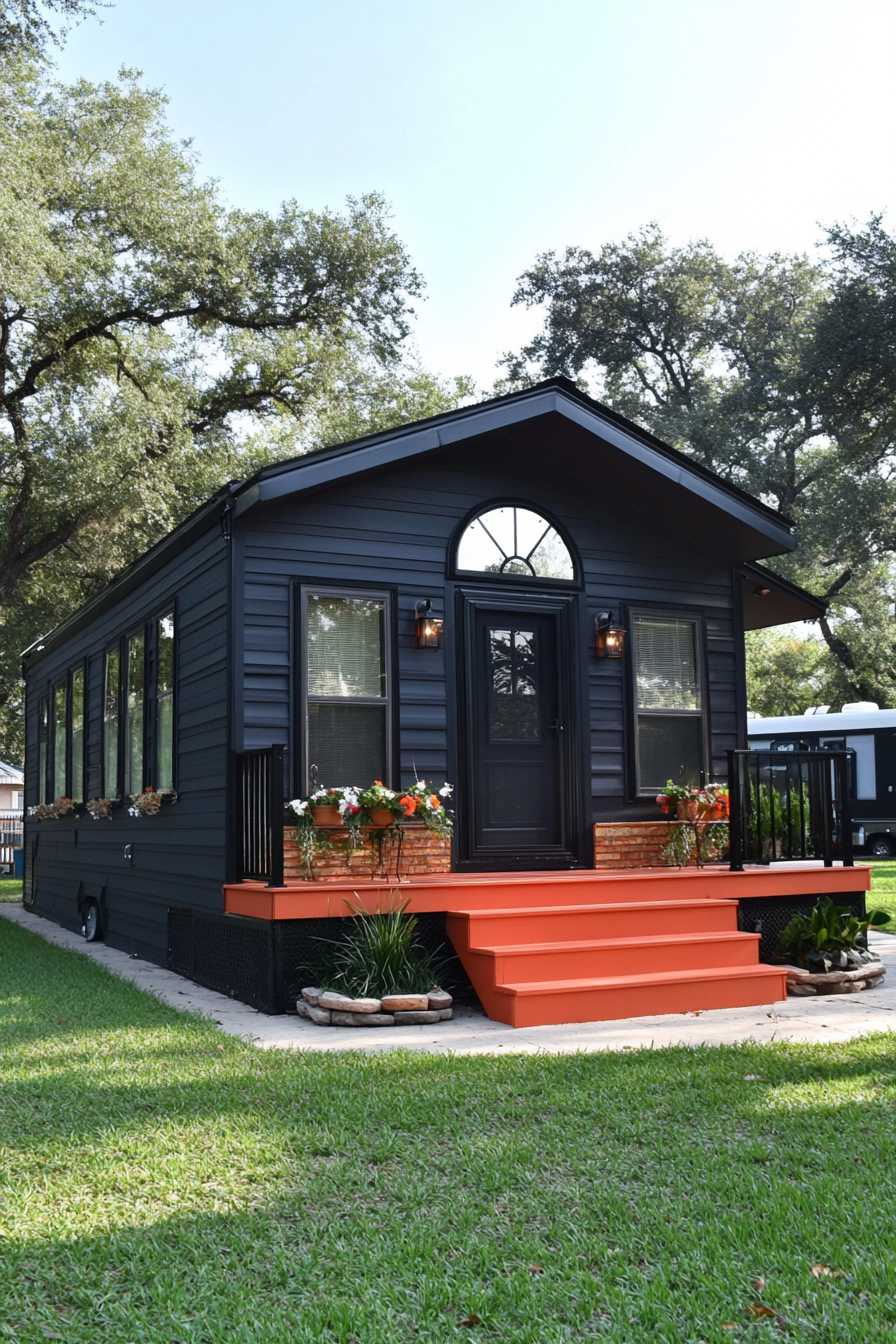 Wide angle view. Dark sophisticated mobile home, arched details, terra cotta accents.