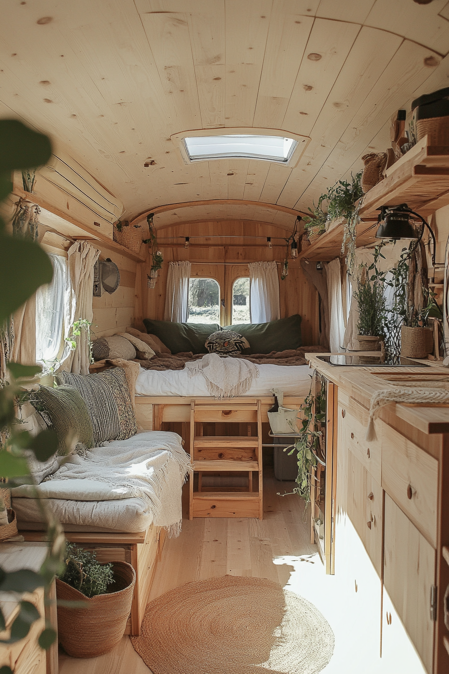 Wide angle view. Natural mobile home filled with light woods and organic textile decorations.