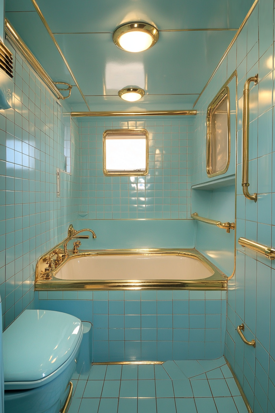 Wide angle view. 1950s RV bathroom. Light blue vintage tile patterns, gold-plated classic fixtures.