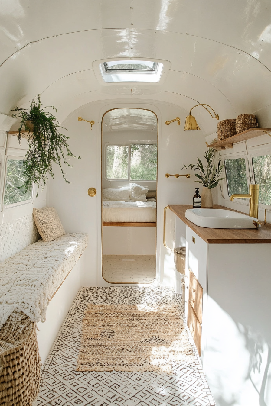 Wide angle view. Mid-century inspired camper bathroom with brass fixtures and geometric patterns.