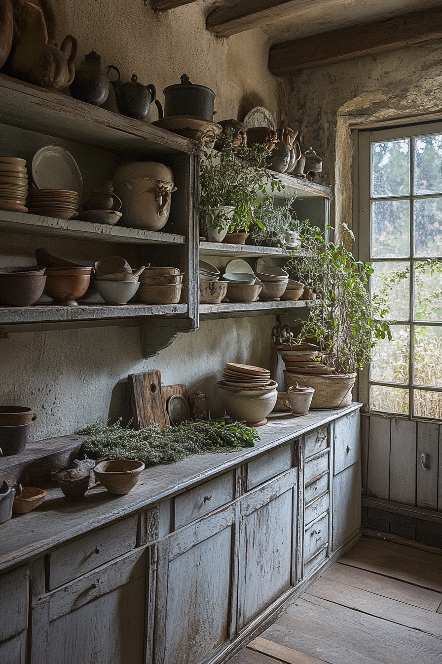 Wide angle view. Provincial kitchen, dried herbs, stacked pottery.