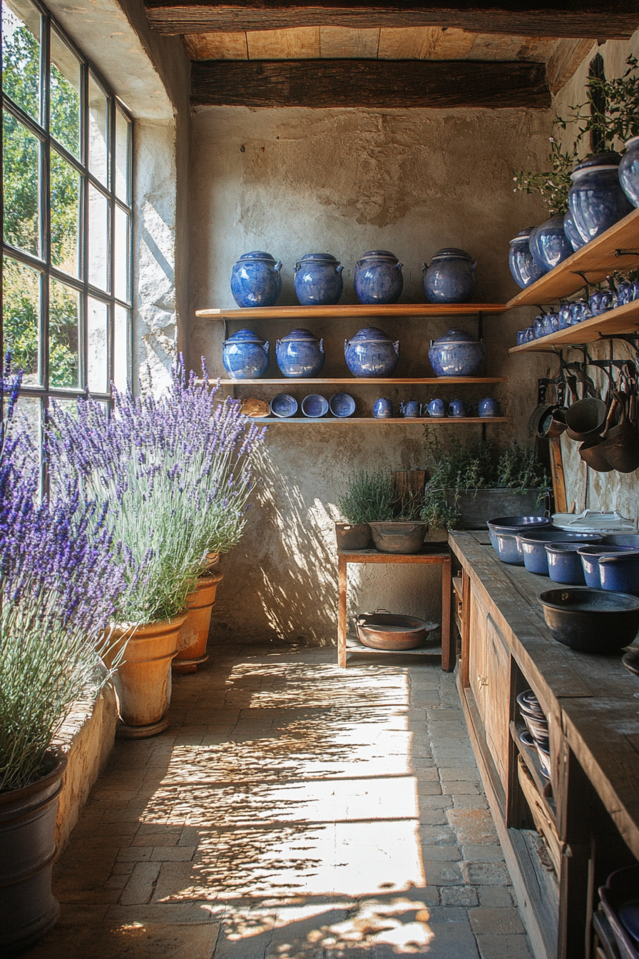 Wide angle view. Provincial cooking space with drying lavender and blue ceramic pottery.