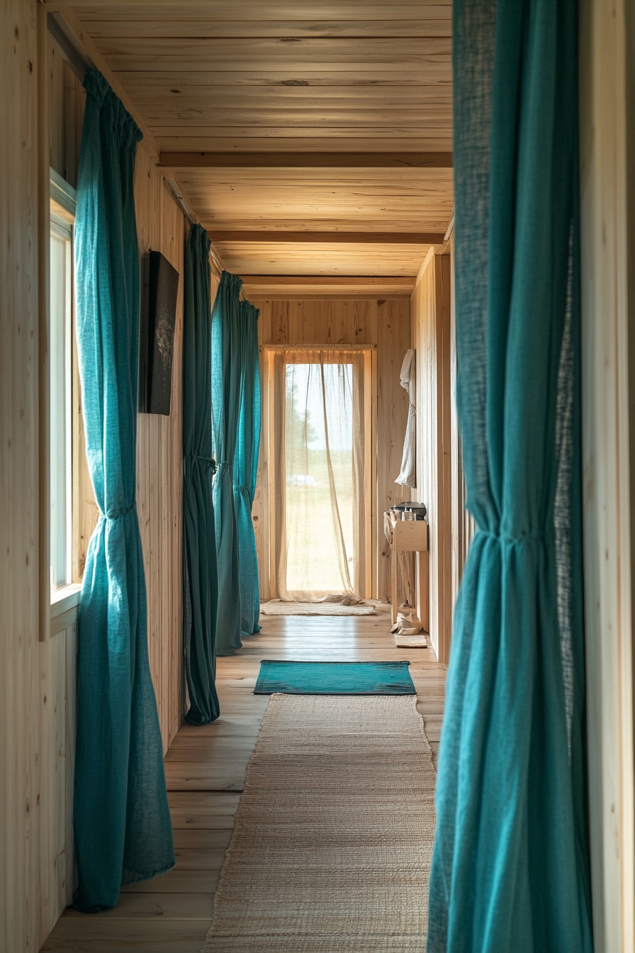 Wide angle natural mobile home. Birchwood walls with teal organic cotton curtains.