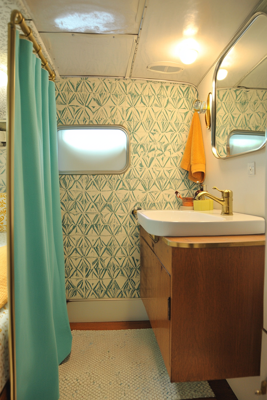 Mid-century camper bathroom. Wide brass sink, geometric wallpaper, and turquoise shower curtain.