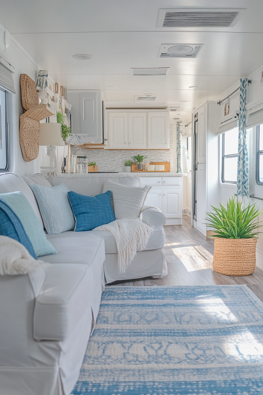 Wide angle view of RV. Coastal design using sea hues and natural fiber décor.