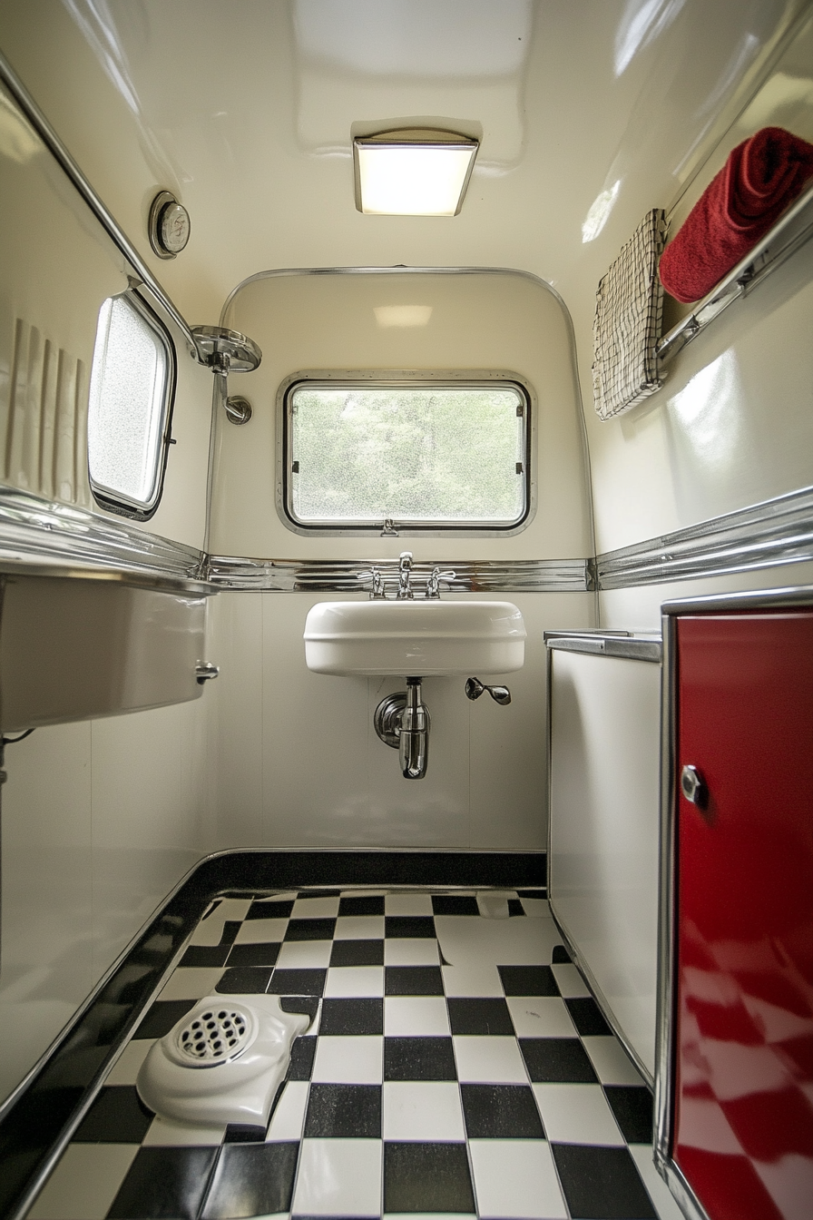 Wide angle view. 1950s RV bathroom, black-and-white tile, old-fashioned silver fixtures.