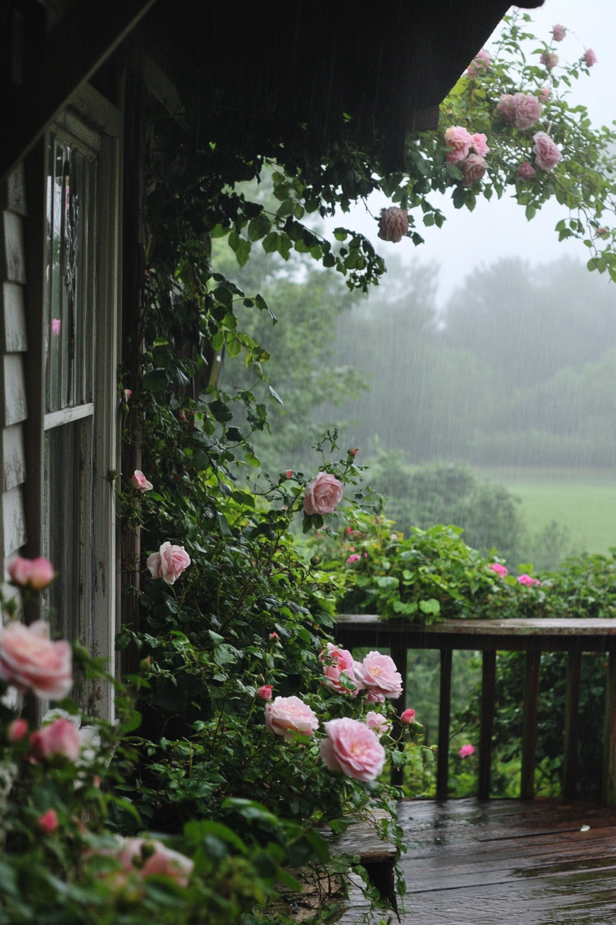 Tiny house deck. English countryside, climbing roses and morning fog.