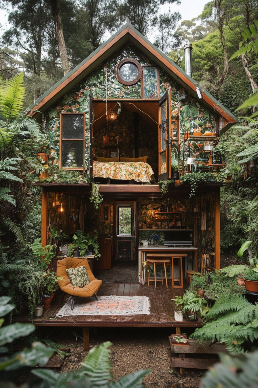 Wide angle view. Tiny house packed with ferns, ivy-covered greenhouse windows, and plant-patterned wallpaper.