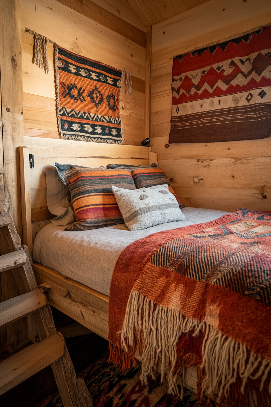 Southwestern tiny house bedroom. Cinnamon hued blanket on raw wood bed, undercomma woven wall tapestry.