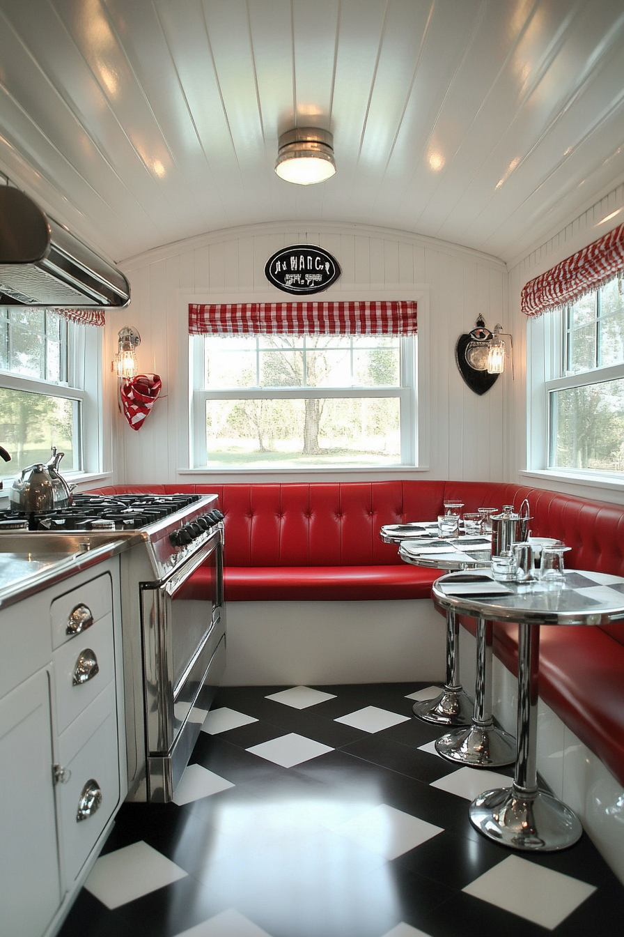 Americana tiny house kitchen. Chrome fittings, checkered floor, booth seating.