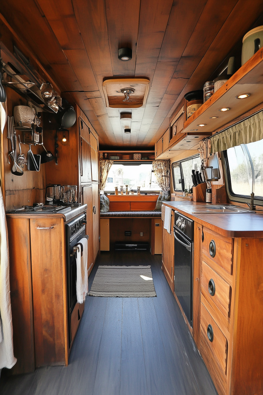 Wide angle view of camper kitchen. Teak cabinets with vintage metal knobs.