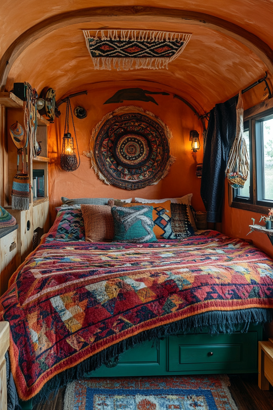 Wide-angle southwestern tiny house bedroom, terracotta walls, woven wall art, sunbeam quilted bedding.