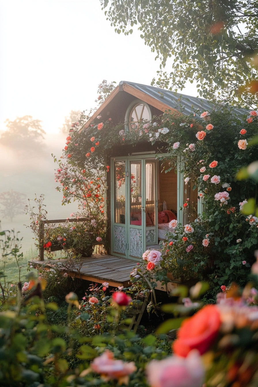 Wide angle view. Flower-filled tiny house deck, morning fog, English countryside, climbing roses.