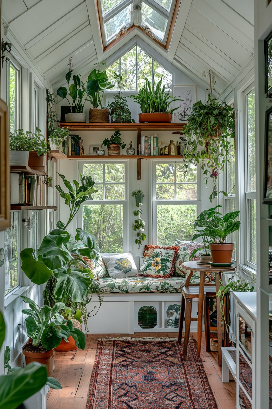 Wide angle view. Tiny house with windows displaying lush plants and botanical wallpaper.