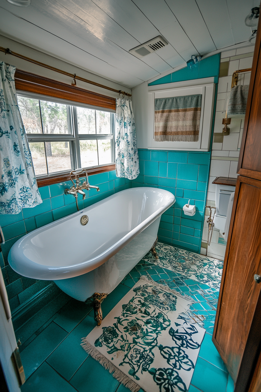 Wide angle view. 1950s inspired RV bathroom with turquoise vintage tile and white clawfoot tub.