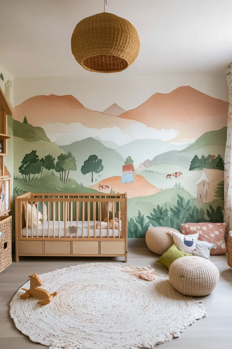 Nature-inspired baby room. Pastel murals, wooden low shelves, green exploration zones.