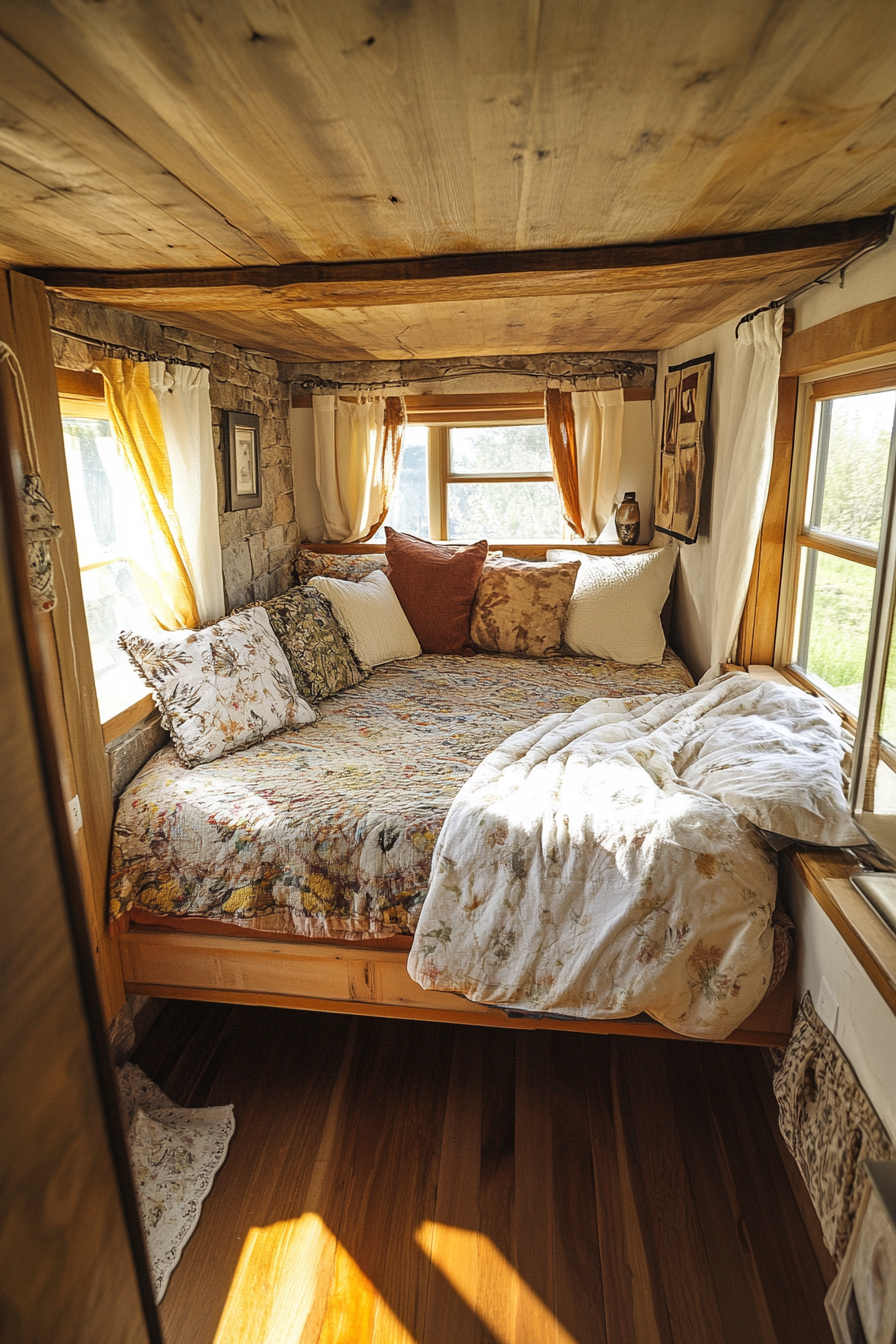 Natural tiny house bedroom design. Organic bedding, bamboo flooring, wide-angle view.