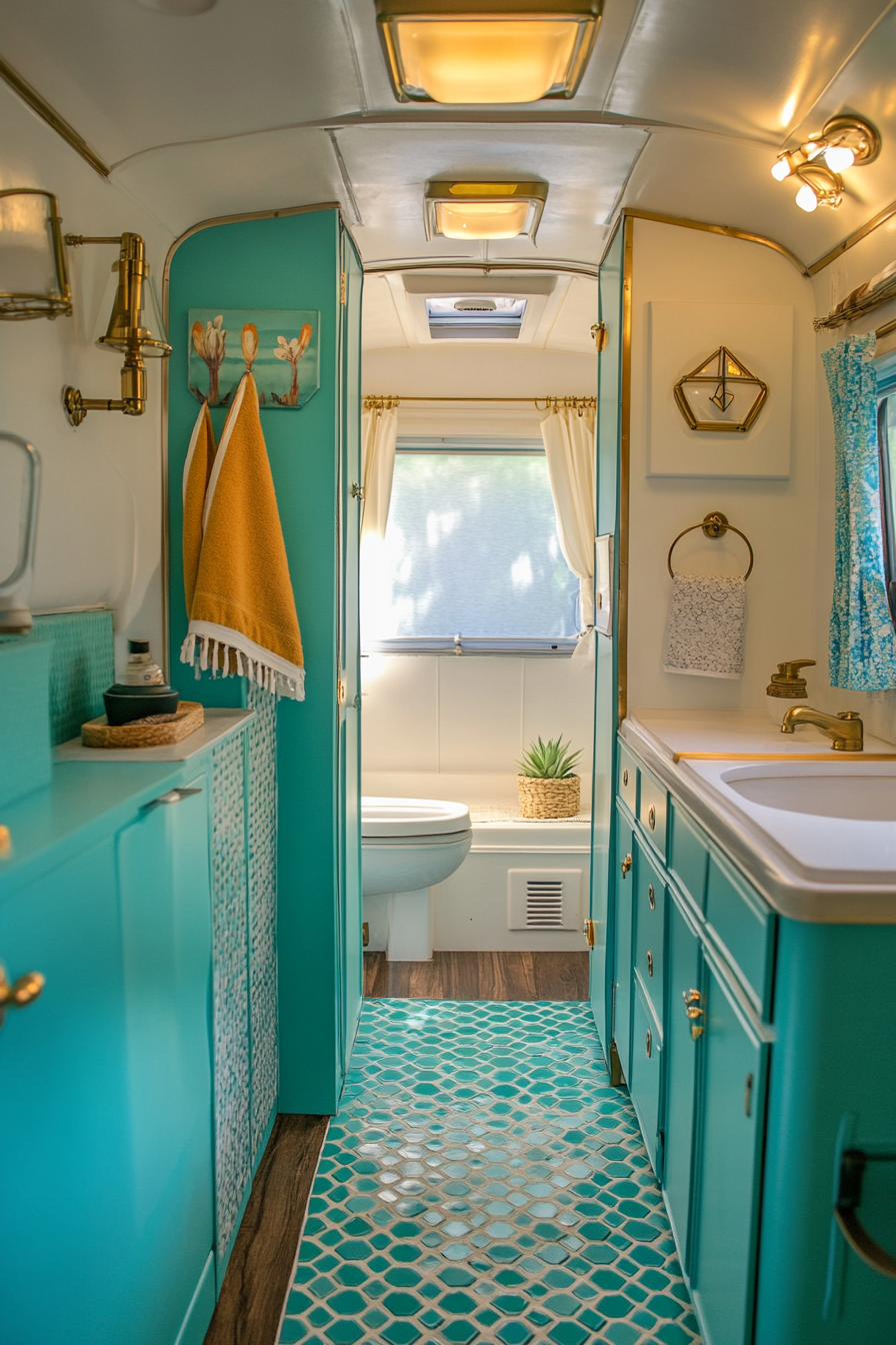 Wide-angle view. Mid-century camper bathroom. Turquoise, lattice-pattern tile, brass fixtures.