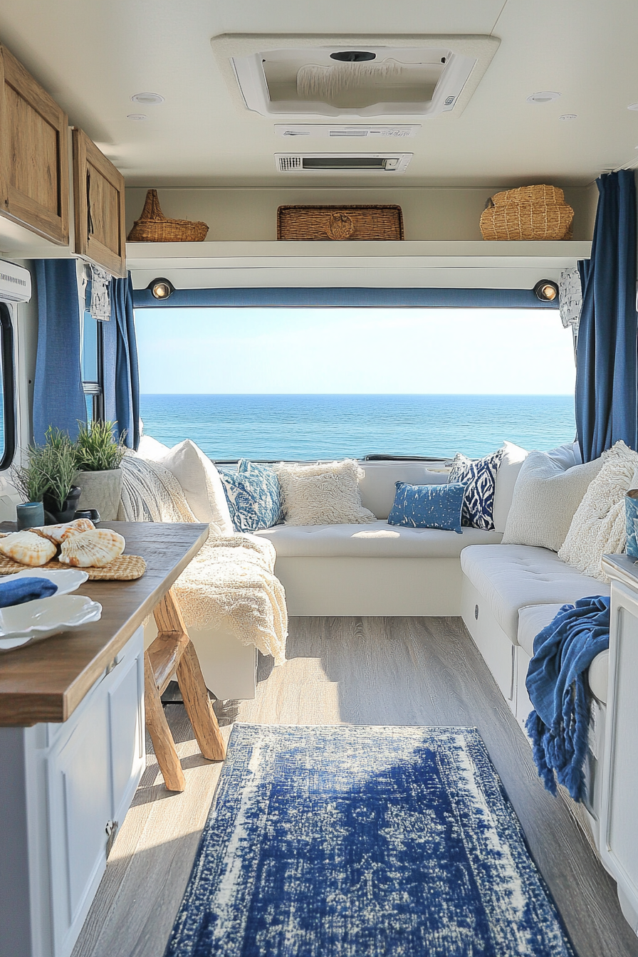 Coastal-inspired RV view. Natural fibers, shell displays, shades of blue.