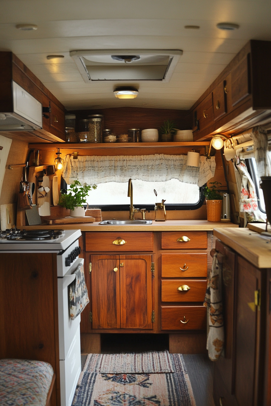 Wide angle camper kitchen view. Teak cabinets with old-school brass knobs.