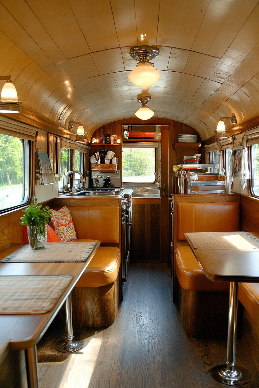 Wide angle view of Americana tiny kitchen. Chrome fixtures and oak booth seating.