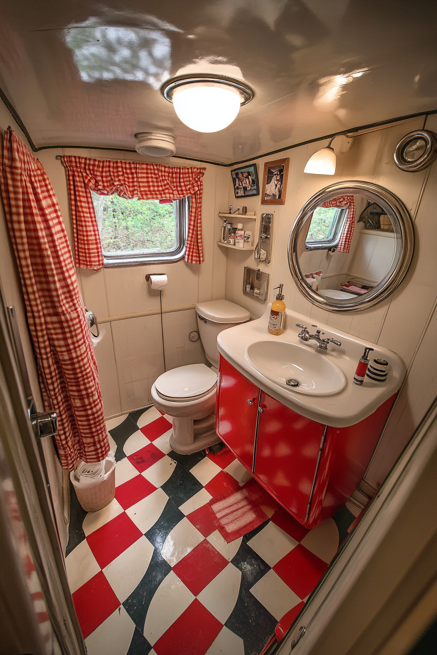 1950s RV bathroom. Checkered floor, classic fixtures, circular mirror, wide angle view.