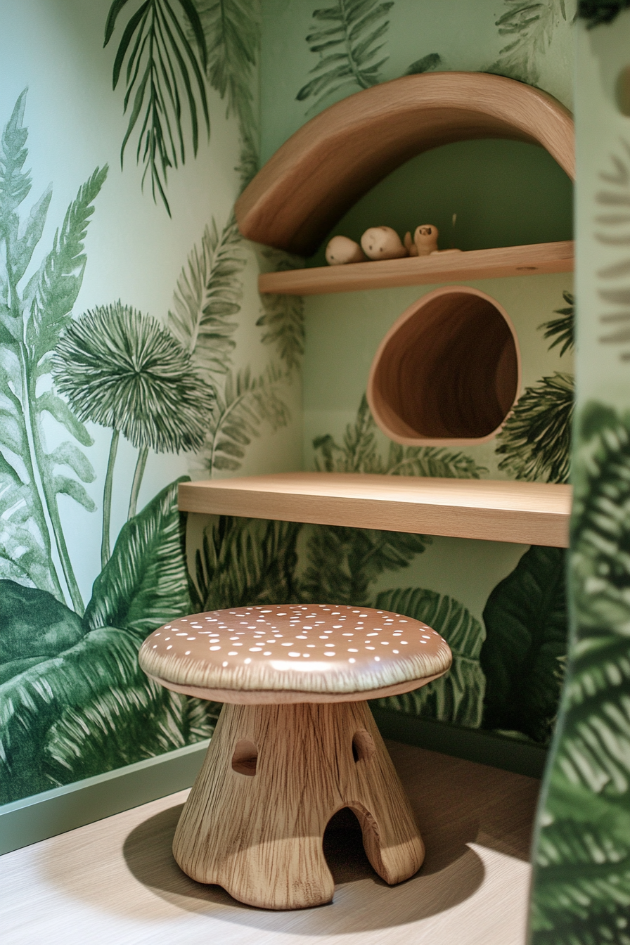 Nature-inspired baby room. Mushroom shaped stool, ant-hill exploration zone, oakwood low shelves, fern mural.