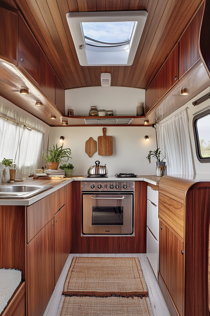 Wide angle view. Classic camper kitchen, teak cabinets, retro-inspired hardware.