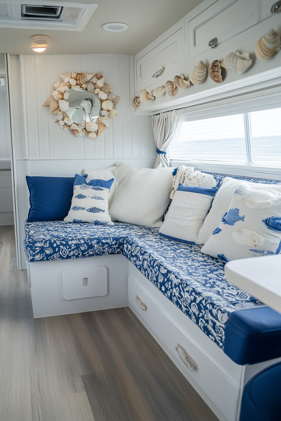 Wide angle view of coastal-inspired RV. Blue and white upholstery with loose seashells decor.