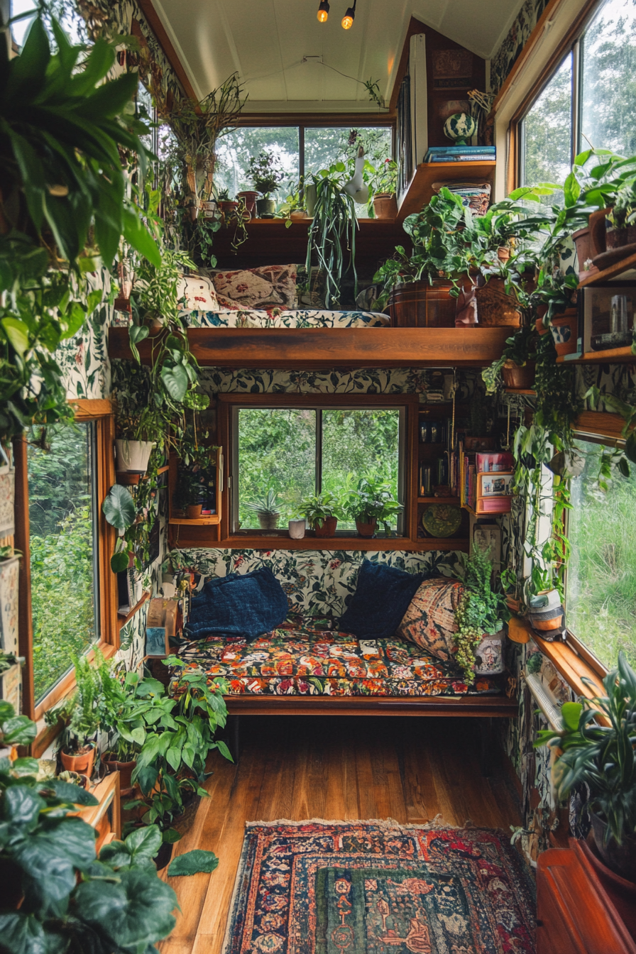 Wide angle view. Plant-filled tiny house, botanical wallpaper, greenhouse windows.