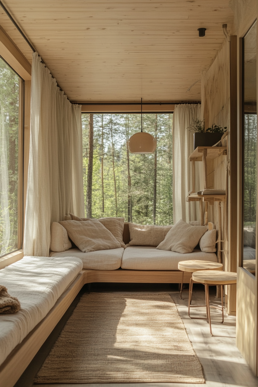 Wide angle view. Mobile home amidst forest, featuring light oak furniture and cotton drapes.