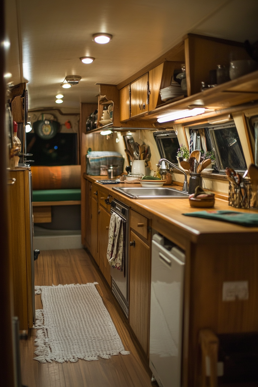 Wide angle view. Classic camper kitchen, teak cabinets, retro hardware.