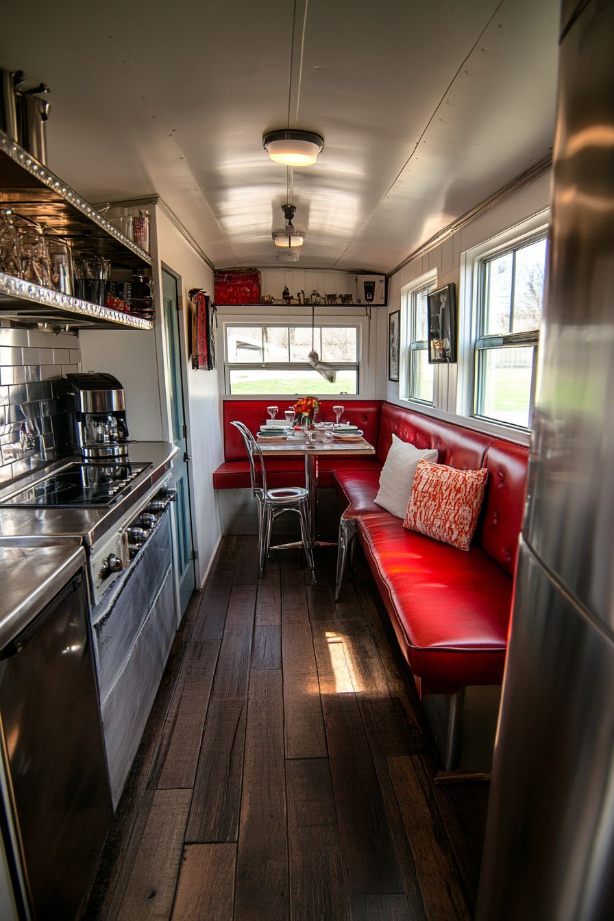 Wide angle view. Americana tiny house kitchen. Chrome details and booth seating.