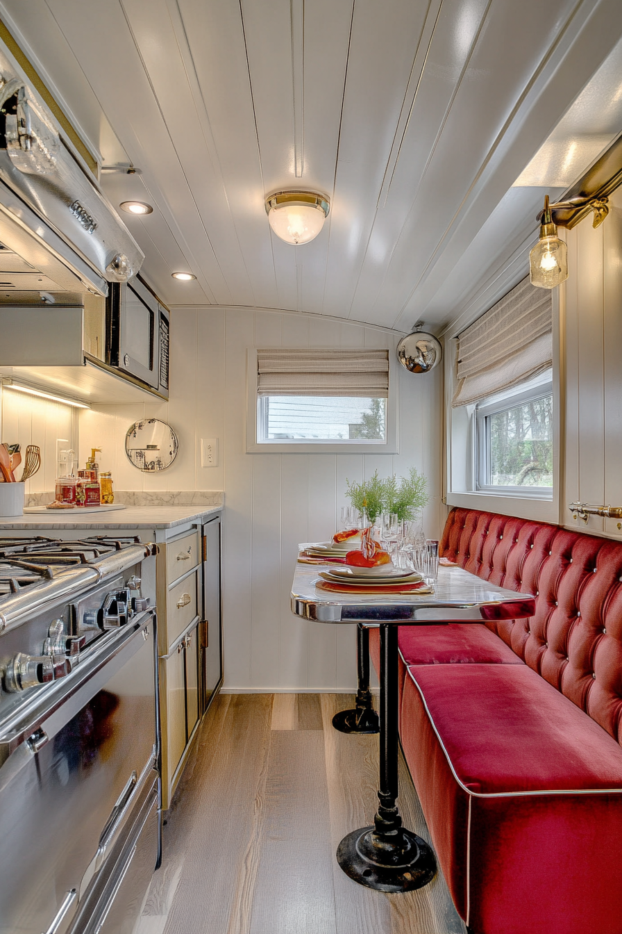 Classic Americana tiny house kitchen. Retro chrome appliances with velvet booth seating.