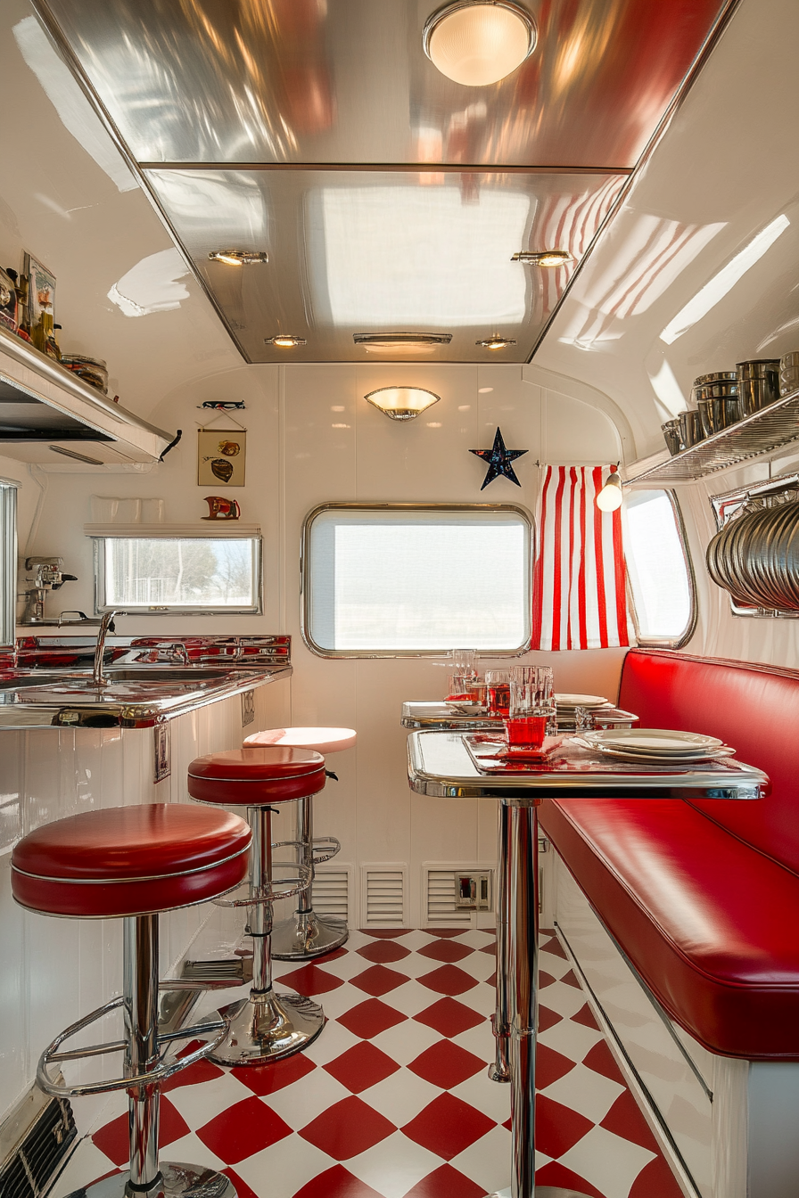 Classic Americana tiny house kitchen. Chrome-embellished counters with red-and-white vinyl booth seating.