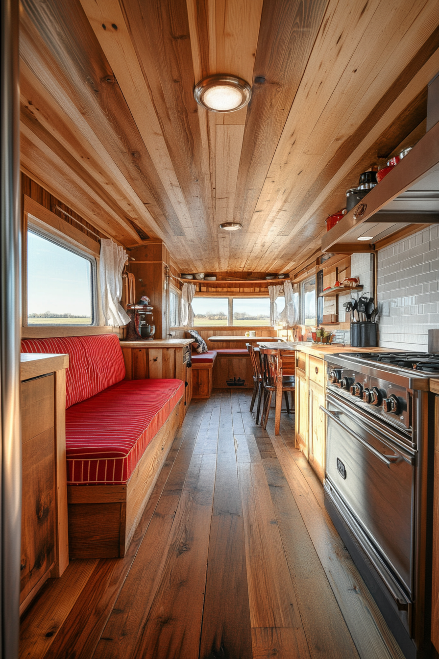 Wide angle kitchen view. Classic Americana tiny house, chromed appliances, booth seating.