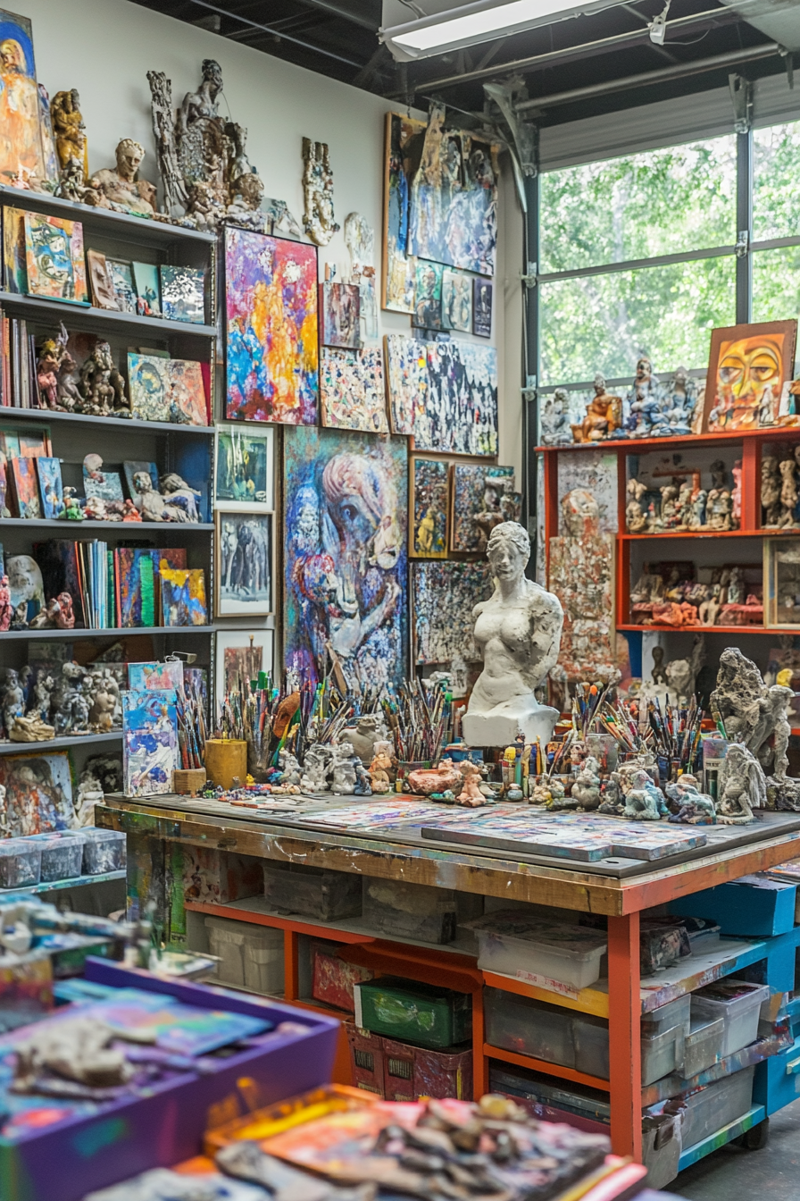 Wide angle view of studio. Statue-filled arty worktable with multicolored shelving units.