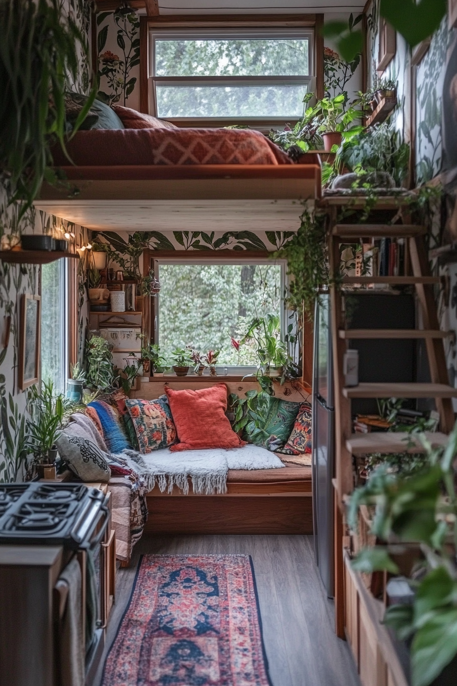 Wide angle view. Tiny house full of plants with greenhouse windows and botanical wallpaper.