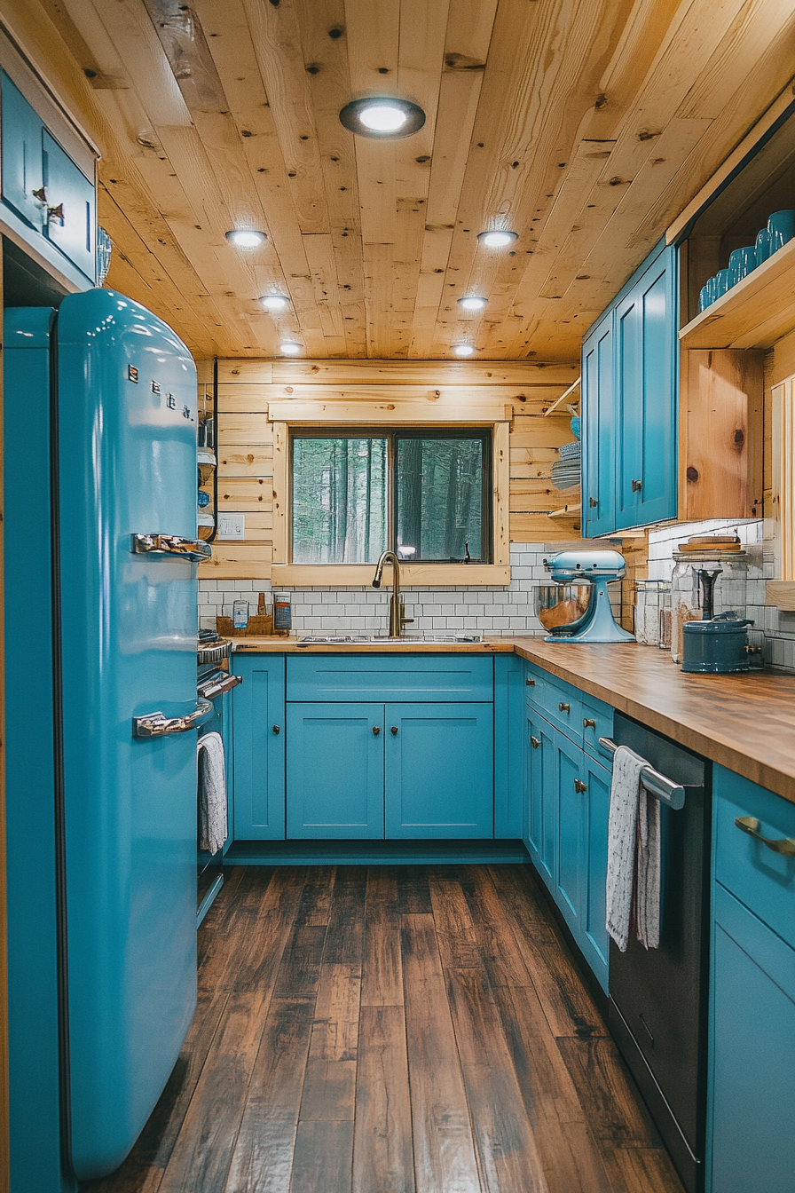 Wide angle view. Retro-inspired tiny house kitchen. Sleek blue cabinets, vintage refrigerator.