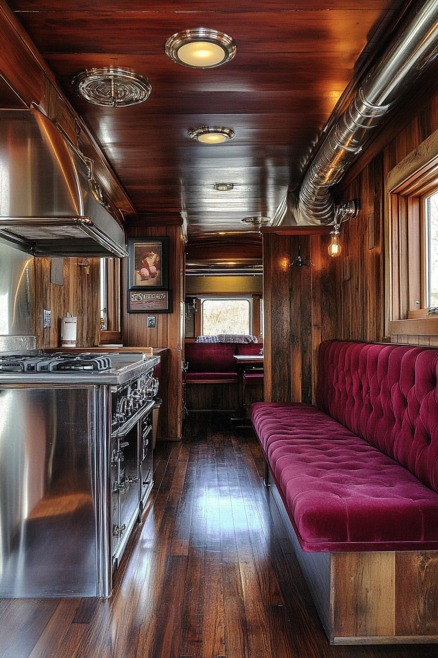 Classic Americana tiny house kitchen. Chrome-detailed exhaust over burgundy booth seating.