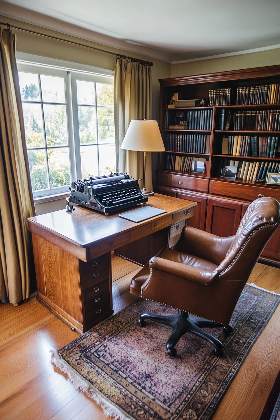 Professional mobile workspace. Wide angle, mahogany desk, mid-century, leather wingback chair, vintage typewriter.