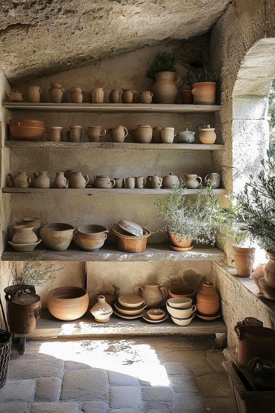 Wide angle view. Provencal kitchen, drying rosemary, assorted pottery on wooden shelves.