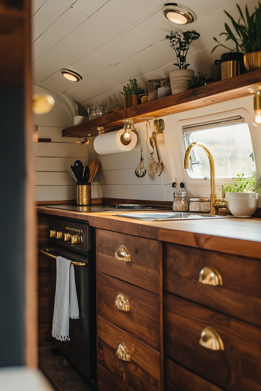 Wide angle view of classic camper kitchen. Teak cabinets and vintage brass handles.