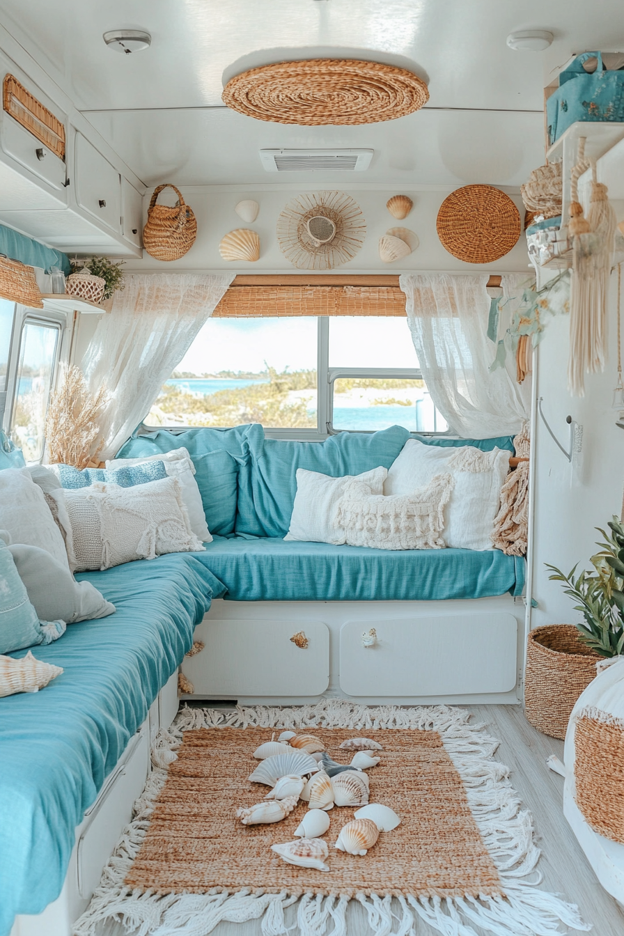 Coastal-inspired RV. Natural fibers against sky-blue ocean themed decor and seashells collection.