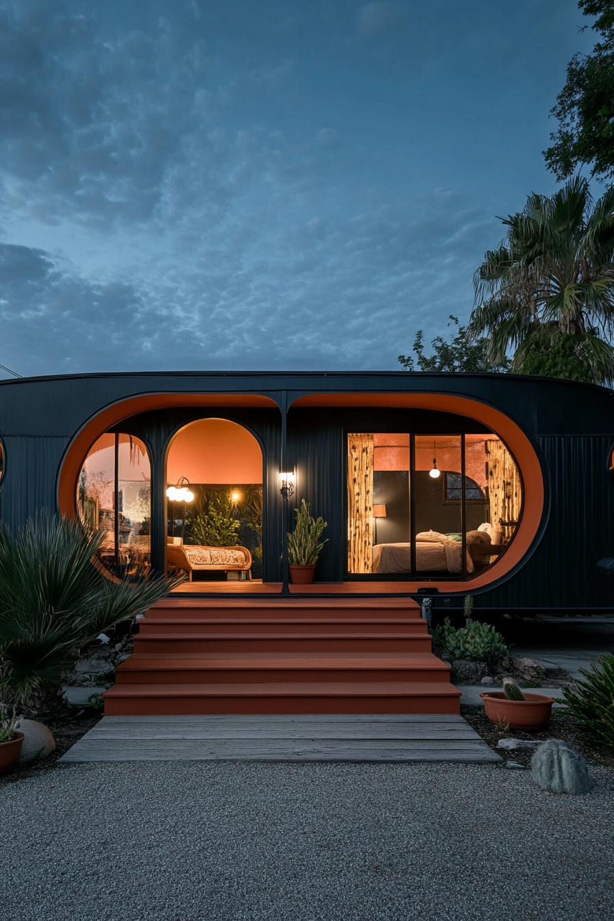 Wide angle view. Dark mobile home, arched details, terra cotta accents.